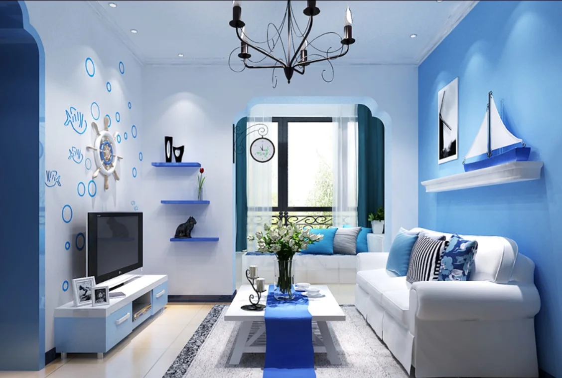 Malované stěny v interiéru: tyrkysová, modrá, šedá
